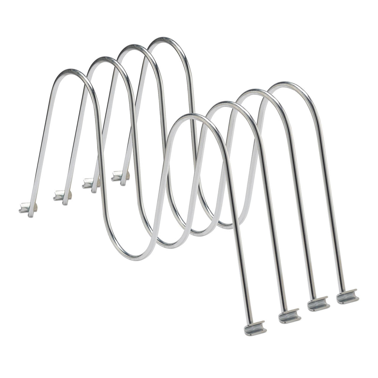 A set of four shiny chrome wire dividers are arranged diagonally against a white background. The dividers have a wavy top and small clips at the bottom for attachment to a rack.