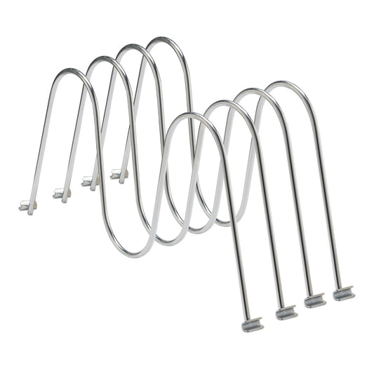 A set of four shiny chrome wire dividers are arranged diagonally against a white background. The dividers have a wavy top and small clips at the bottom for attachment to a rack.