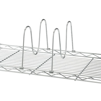 A close-up shows a section of a wire shelving unit with 2 w-shape, chrome-colored dividers standing upright. The dividers are attached to the horizontal wire shelves, creating separate vertical sections.