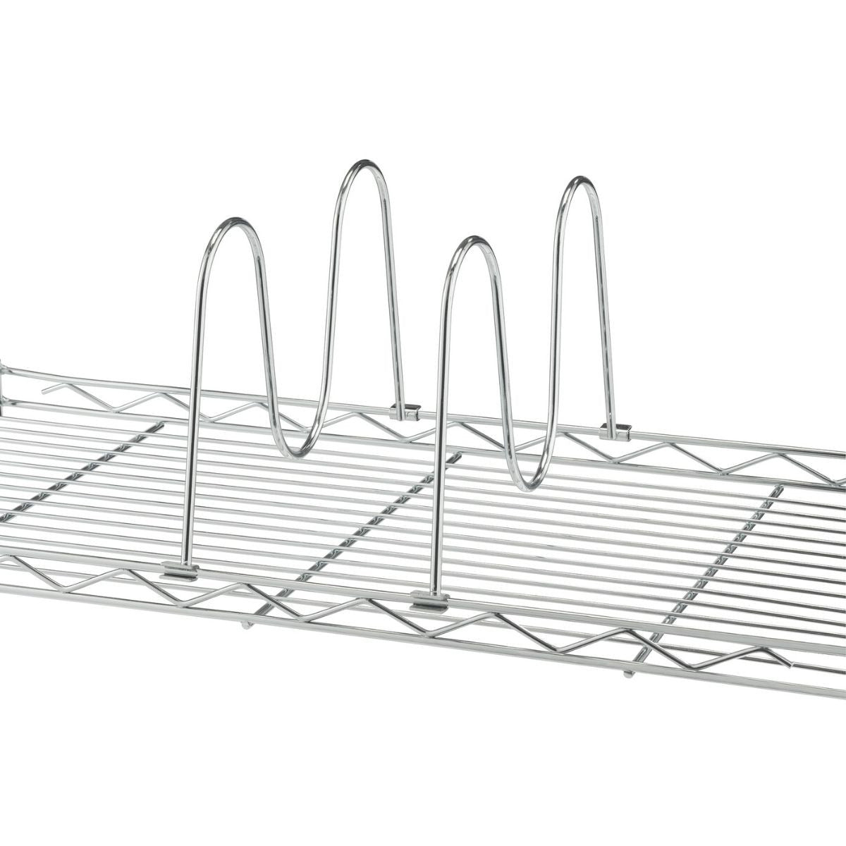A close-up shows a section of a wire shelving unit with 2 w-shape, chrome-colored dividers standing upright. The dividers are attached to the horizontal wire shelves, creating separate vertical sections.
