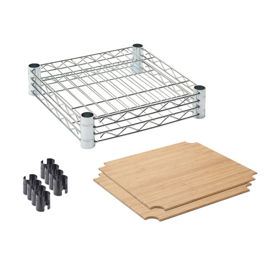 A disassembled Trinity EcoStorage Expandable Garment Rack is shown against a white background. The image displays a chrome wire shelf frame, four black pole connectors, and two light brown bamboo shelf inserts.