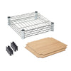 A disassembled Trinity EcoStorage Expandable Garment Rack is shown against a white background. The image displays a chrome wire shelf frame, four black pole connectors, and two light brown bamboo shelf inserts.