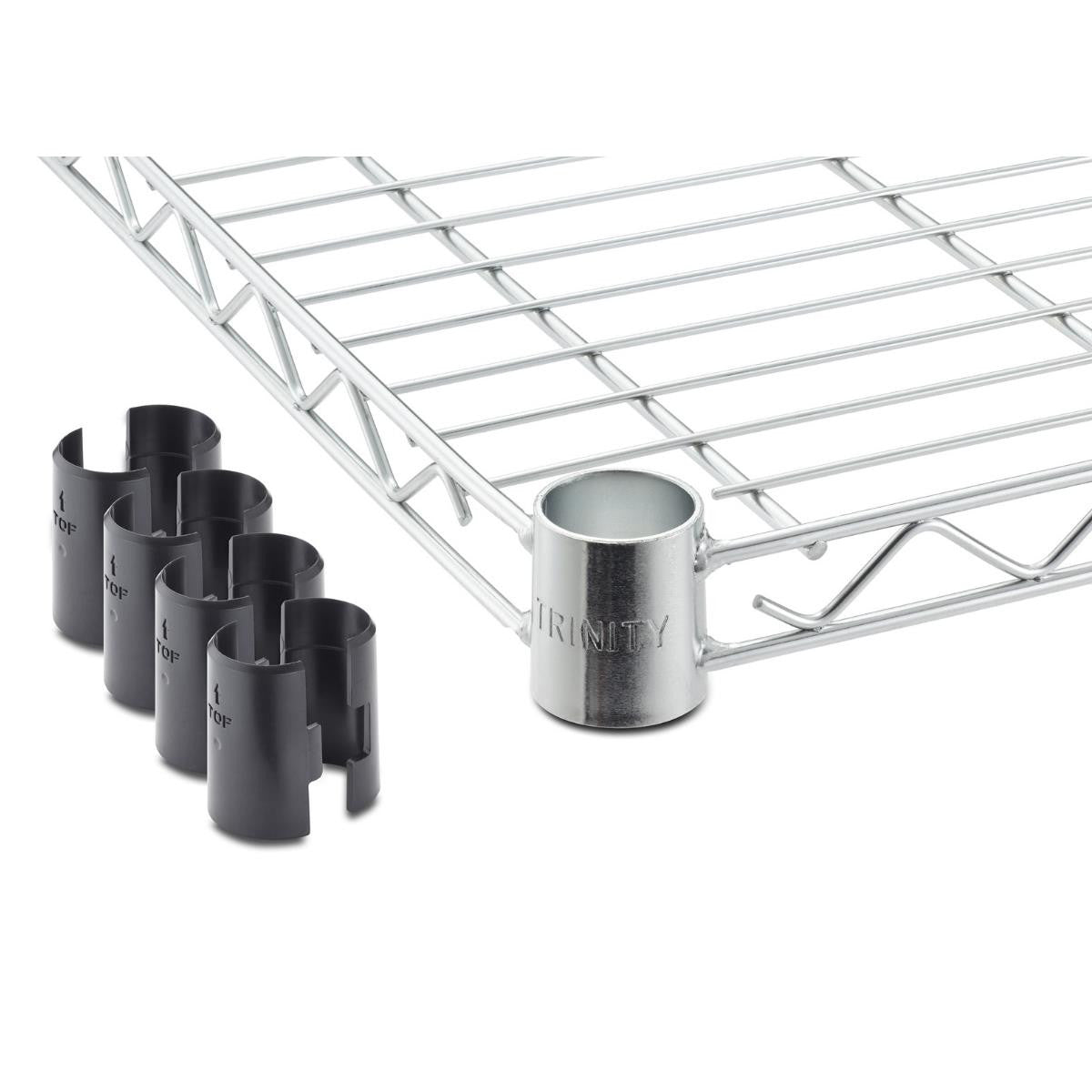 A 36 inches wide by 14 inches deep chrome shelf for trinity shelving racks. To the left are several black plastic clips, likely used for securing the shelves to support poles.