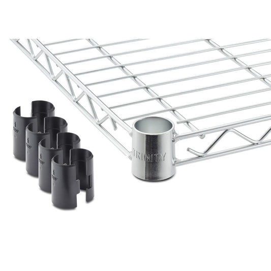 A 36 inches wide by 14 inches deep chrome shelf for trinity shelving racks. To the left are several black plastic clips, likely used for securing the shelves to support poles.