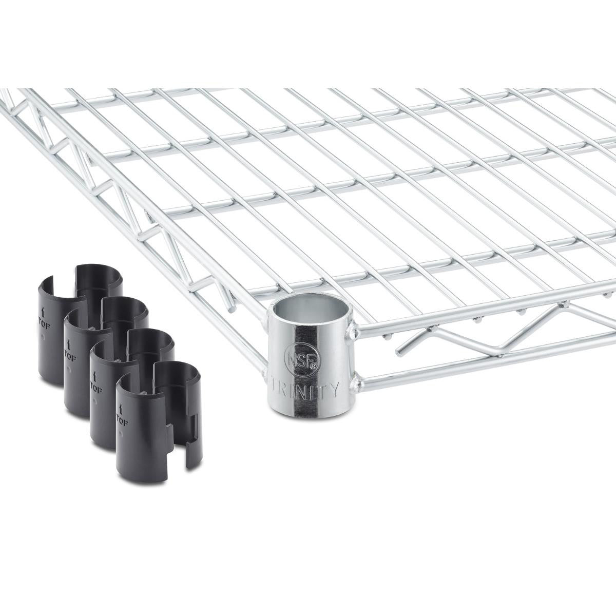 A 36 inches wide by 18 inches deep chrome shelf for trinity shelving racks. To the left are several black plastic clips, likely used for securing the shelves to support poles.