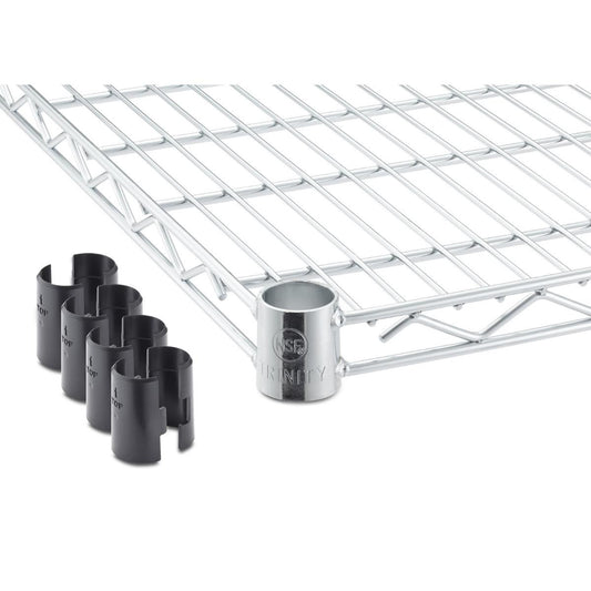A 36 inches wide by 18 inches deep chrome shelf for trinity shelving racks. To the left are several black plastic clips, likely used for securing the shelves to support poles.