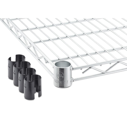 A 48 inches wide by 18 inches deep chrome wire shelf for trinity shelving racks. To the left are several black plastic clips, likely used for securing the shelves to support poles.