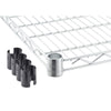 A 48 inches wide by 18 inches deep chrome wire shelf for trinity shelving racks. To the left are several black plastic clips, likely used for securing the shelves to support poles.