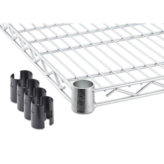 A 48 inches wide by 24 inches deep chrome shelf for trinity shelving racks. To the left are several black plastic clips, likely used for securing the shelves to support poles.