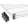 A 48 inches wide by 24 inches deep chrome shelf for trinity shelving racks. To the left are several black plastic clips, likely used for securing the shelves to support poles.