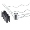 A close-up shows a chrome wire wine shelf with curved supports for bottles. To the left are several black plastic clips, and a silver cylindrical connector with the word "TRINITY" and an NSF logo is attached to the shelf.