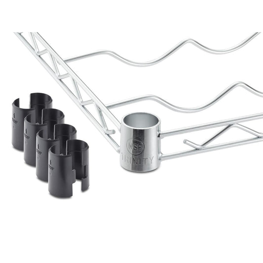 A close-up shows a chrome wire wine shelf with curved supports for bottles. To the left are several black plastic clips, and a silver cylindrical connector with the word "TRINITY" and an NSF logo is attached to the shelf.