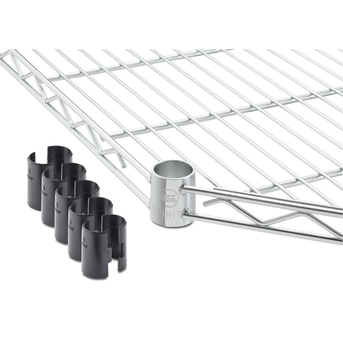 A close-up shows a section of a corner chrome wire shelf with its support pole and several black plastic clips. The chrome pole has the word "TRINITY" embossed on its side.