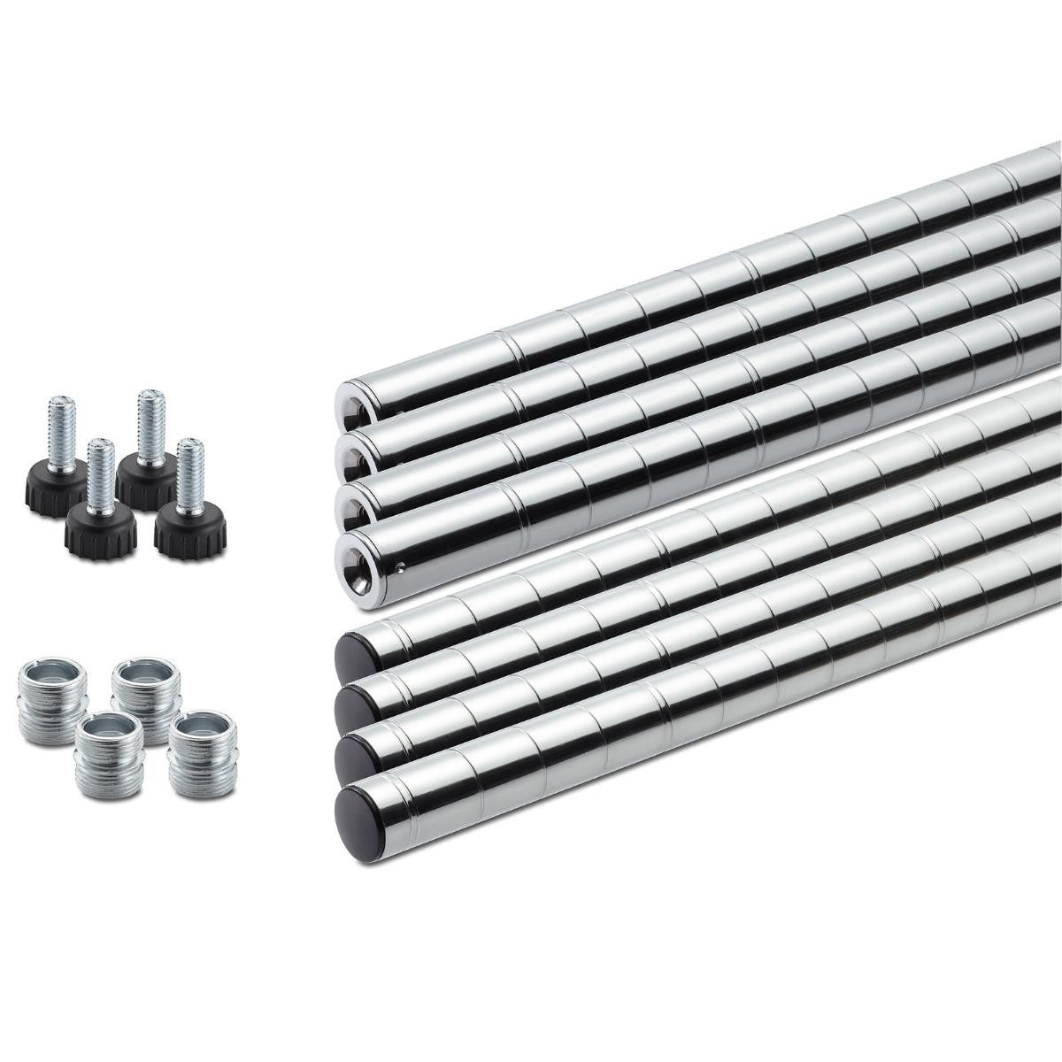 Full set of 4 chrome color poles with feet levelers, and pole connectors for trinity shelving racks.