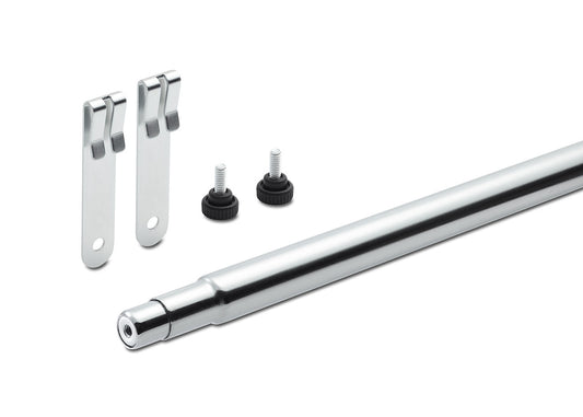 A chrome-finished telescopic rod is shown alongside two metal mounting brackets and two small screws with black plastic knobs. The components appear to be part of a mounting kit, possibly for a screen or panel.
