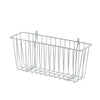 A metal wire chrome basket with a rectangular shape and vertical bars, designed for wall mounting. It features two hooks at the back for easy hanging on a rail or rack system.