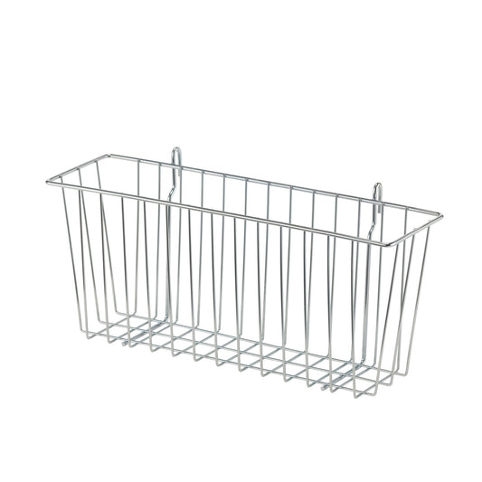 A metal wire chrome basket with a rectangular shape and vertical bars, designed for wall mounting. It features two hooks at the back for easy hanging on a rail or rack system.