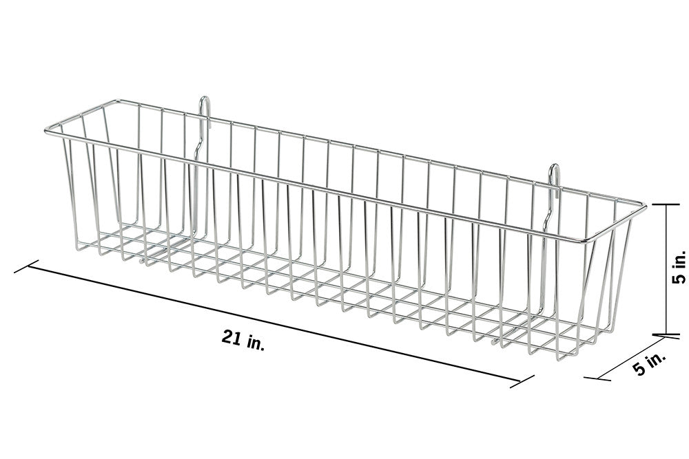 A silver metal wire hanging basket is shown against a white background. The rectangular basket has dimensions labeled as 21 inches in length, 5 inches in width, and 5 inches in height, and features two hooks for hanging.