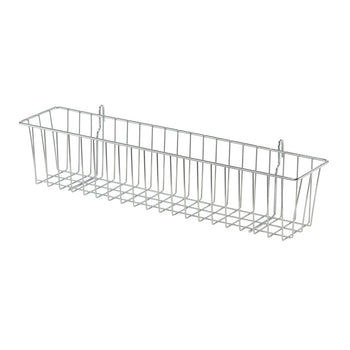 A metal wire storage basket with a rectangular shape and two hooks for wall mounting. The basket has an open design, ideal for organizing items in kitchens, bathrooms, or closets.