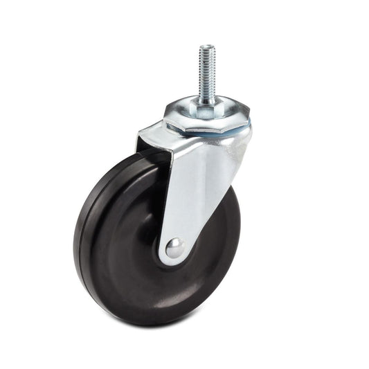 A close-up shows a single black swivel caster wheel with a silver-toned metal bracket and a threaded stem extending upwards. The wheel appears to be made of hard rubber or plastic and is designed for mobility.