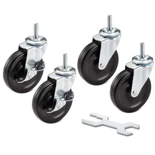 A set of four black caster wheels with threaded stems and silver-toned hardware, accompanied by a small double-ended wrench. The wheels are arranged in a loose group, with the wrench positioned below and slightly to the right of the casters.