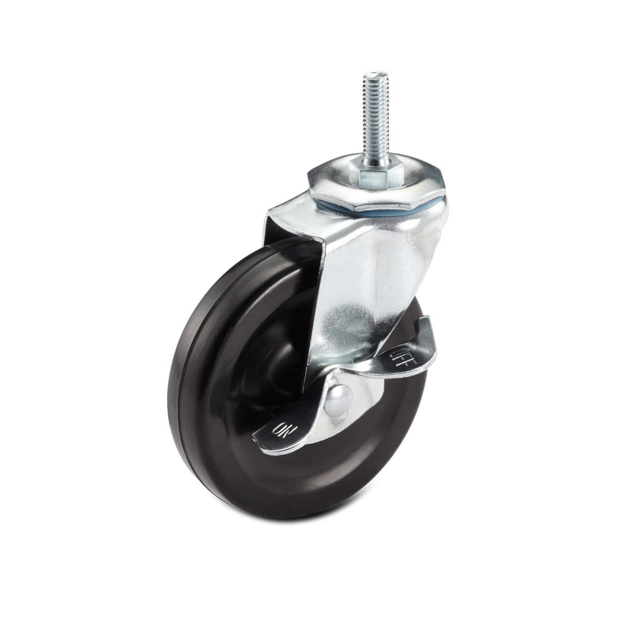 A single black swivel caster wheel with a silver threaded stem and a brake lever is shown against a white background. The brake lever has "ON" and "OFF" markings.