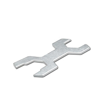 A metal caster wrench, which is a specialized hand tool. It has a distinctive shape with two open-end wrench heads and is used for adjusting or tightening casters.