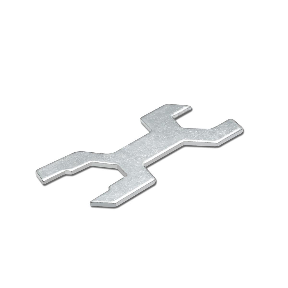 A metal caster wrench, which is a specialized hand tool. It has a distinctive shape with two open-end wrench heads and is used for adjusting or tightening casters.