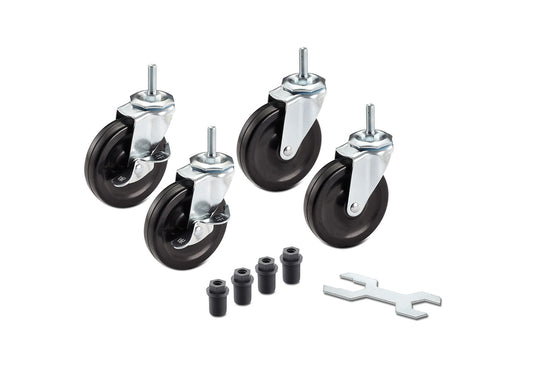 Set of four Trinity 4x1 Swivel Wire Shelving Wheels, featuring black polyurethane wheels and zinc-plated metal hardware.  The set also includes four black plastic stem covers and a small open-end wrench, all arranged neatly on a white background.