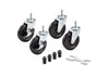Set of four Trinity 4x1 Swivel Wire Shelving Wheels, featuring black polyurethane wheels and zinc-plated metal hardware.  The set also includes four black plastic stem covers and a small open-end wrench, all arranged neatly on a white background.