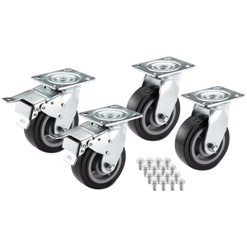 A set of four heavy-duty black and gray swivel caster workbench wheels with silver metal brackets and mounting plates is arranged on a white background. A small pile of silver bolts and washers sits in front of the wheels.
