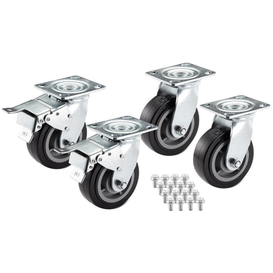 A set of four heavy-duty black and gray swivel caster workbench wheels with silver metal brackets and mounting plates is arranged on a white background. A small pile of silver bolts and washers sits in front of the wheels.