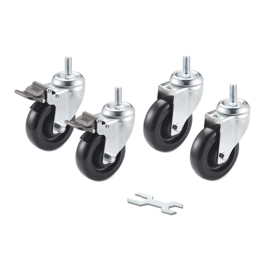 A set of four black caster wheels with silver metal frames and threaded stems are shown against a white background. Two of the wheels have attached silver brake levers, and a small, open-ended wrench lies below the wheels.