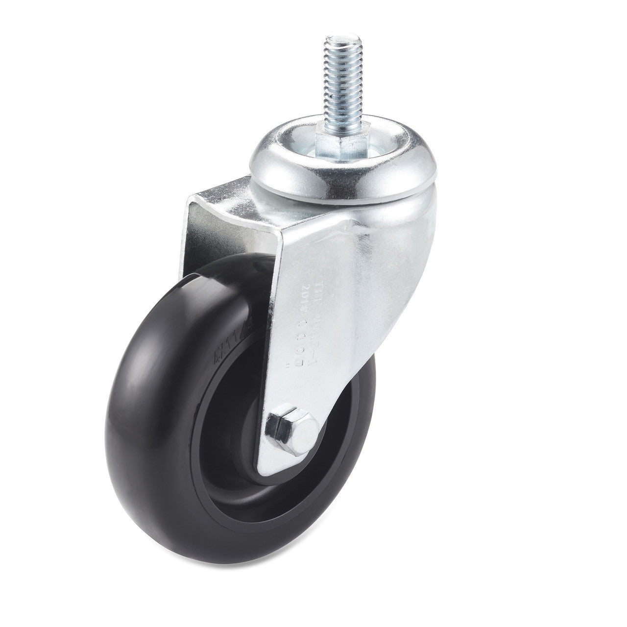 A three-quarter view shows a silver-toned caster with a black wheel against a white background. The caster features a threaded stem at the top for attachment.
