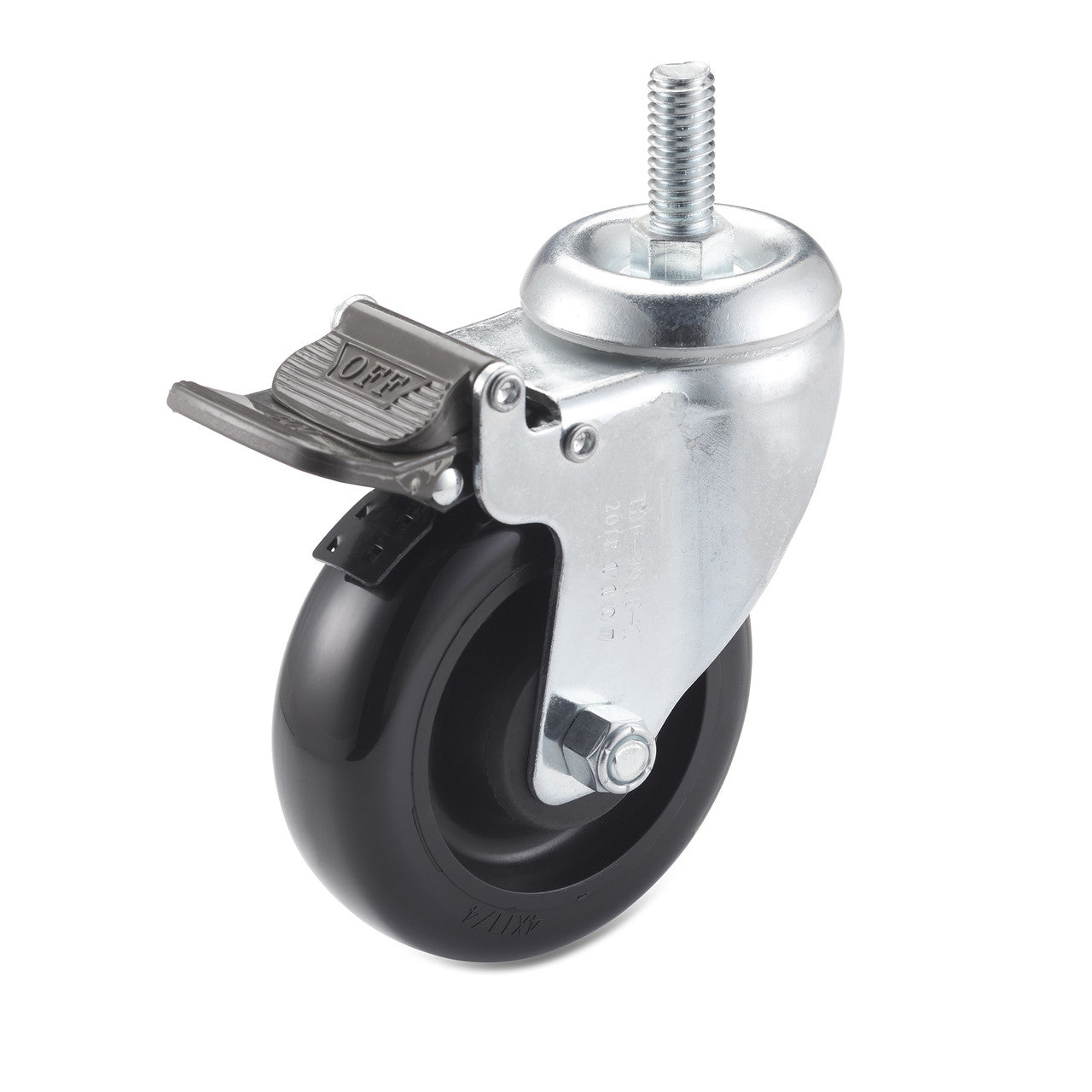A close-up shows a single black swivel caster wheel with a silver metal frame and a threaded stem extending upwards. The wheel has a gray brake lever in the "off" position.
