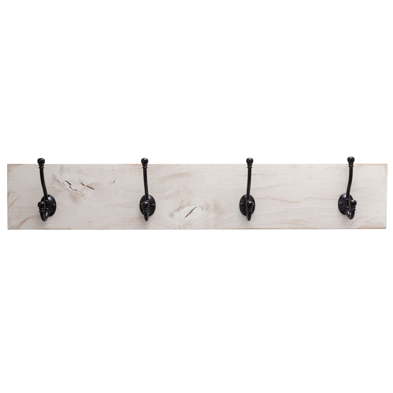 A wall-mounted coat and towel rack featuring four black metal hooks attached to a whitewashed wooden plank. The rustic design includes visible wood grain and knots, giving it a vintage farmhouse aesthetic.