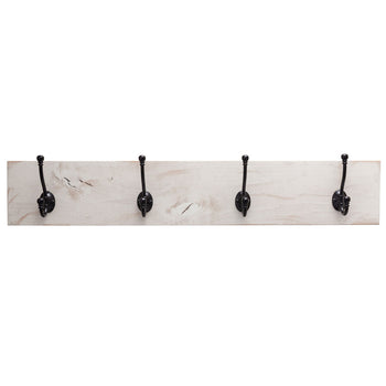A wall-mounted coat and towel rack featuring four black metal hooks attached to a whitewashed wooden plank. The rustic design includes visible wood grain and knots, giving it a vintage farmhouse aesthetic.