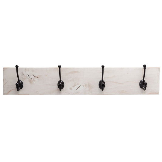 A wall-mounted coat and towel rack featuring four black metal hooks attached to a whitewashed wooden plank. The rustic design includes visible wood grain and knots, giving it a vintage farmhouse aesthetic.